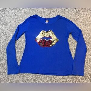 Total Girl Long Sleeve Reverse Sequin Lips Shirt Little Girls Size Small Blue